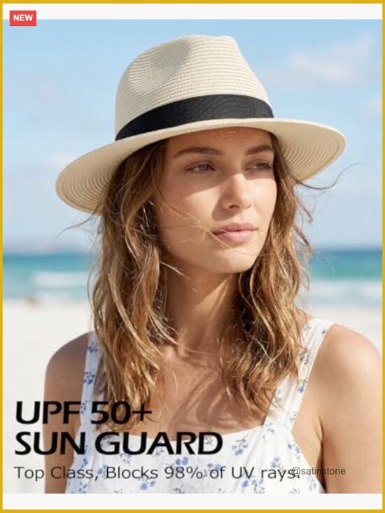 Wide Brim Straw Sun Hat UPF 50+ Floppy Beach Vacation Travel Hat
